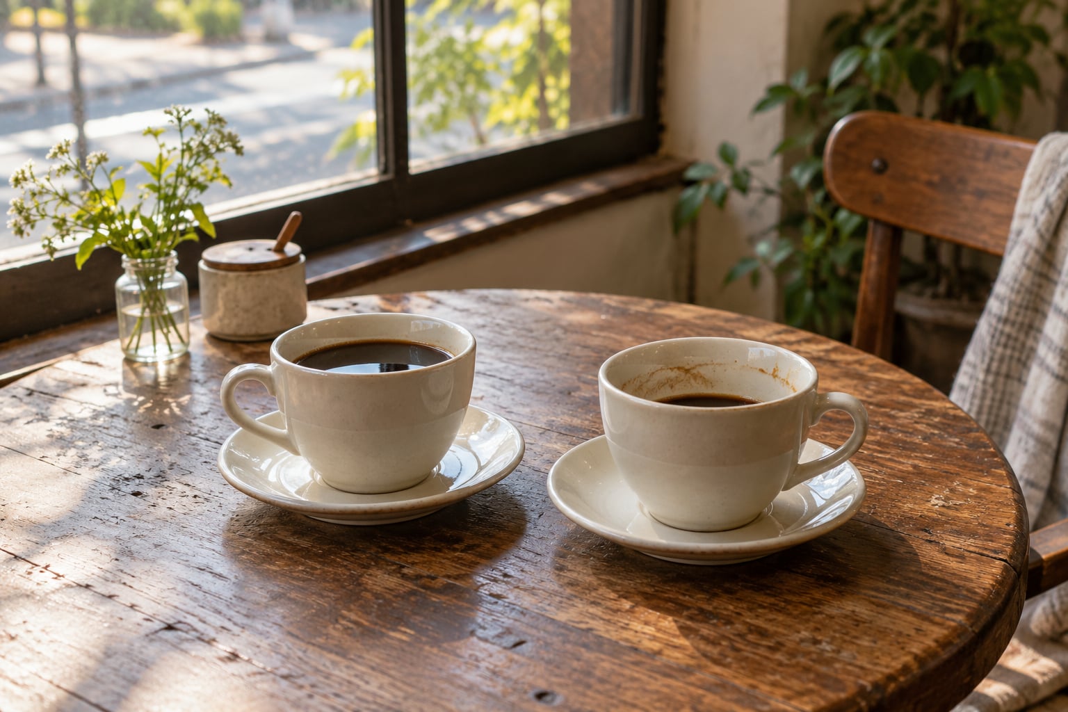窓から午後の光が差す木のテーブルに並ぶ二つのコーヒーカップ