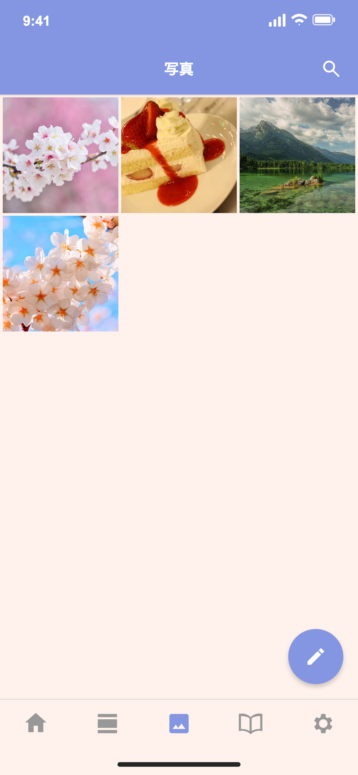 桜、ケーキ、湖のサンプル写真を3列に並べた写真一覧のUIプレビュー