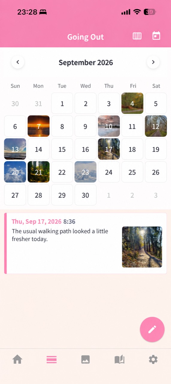 Englischer iOS-Tagebuchkalender mit Fotovorschau und ausgewähltem Eintrag