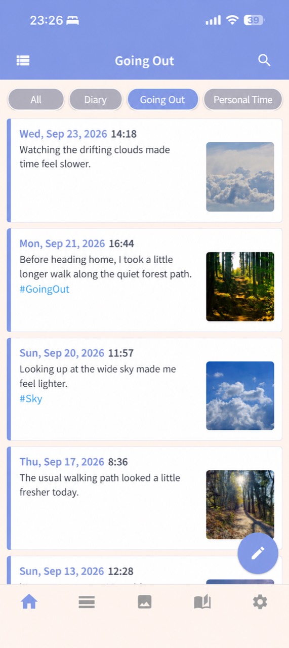 Englische iOS-Tagebuch-Timeline mit kurzen Einträgen und Fotos von Himmel und Wald